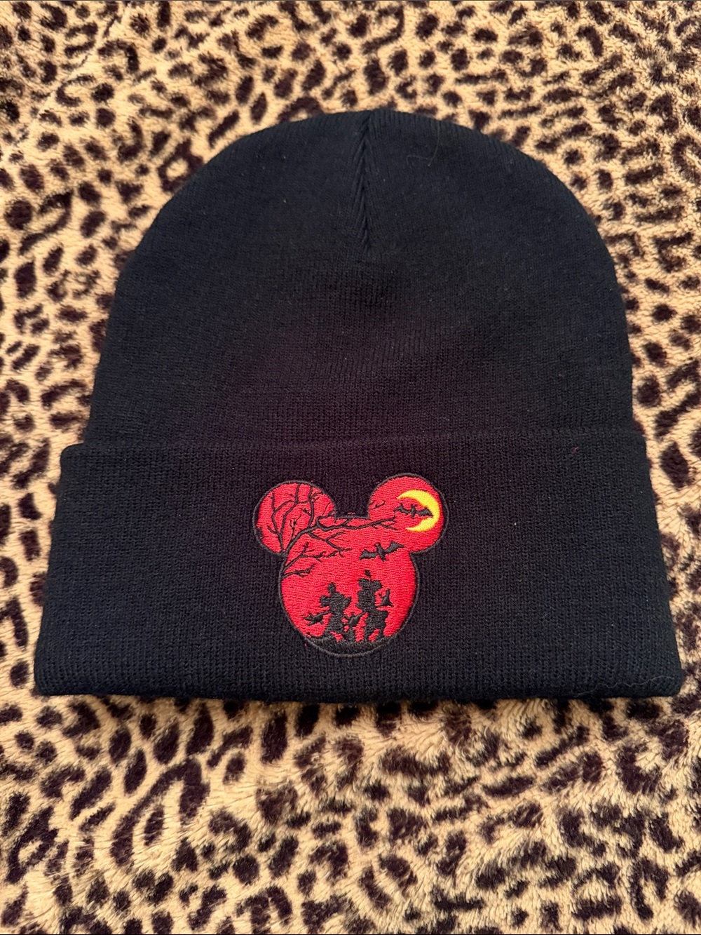 Kids Black Beanie Hat with Red Mickey-Inspired Halloween Patch